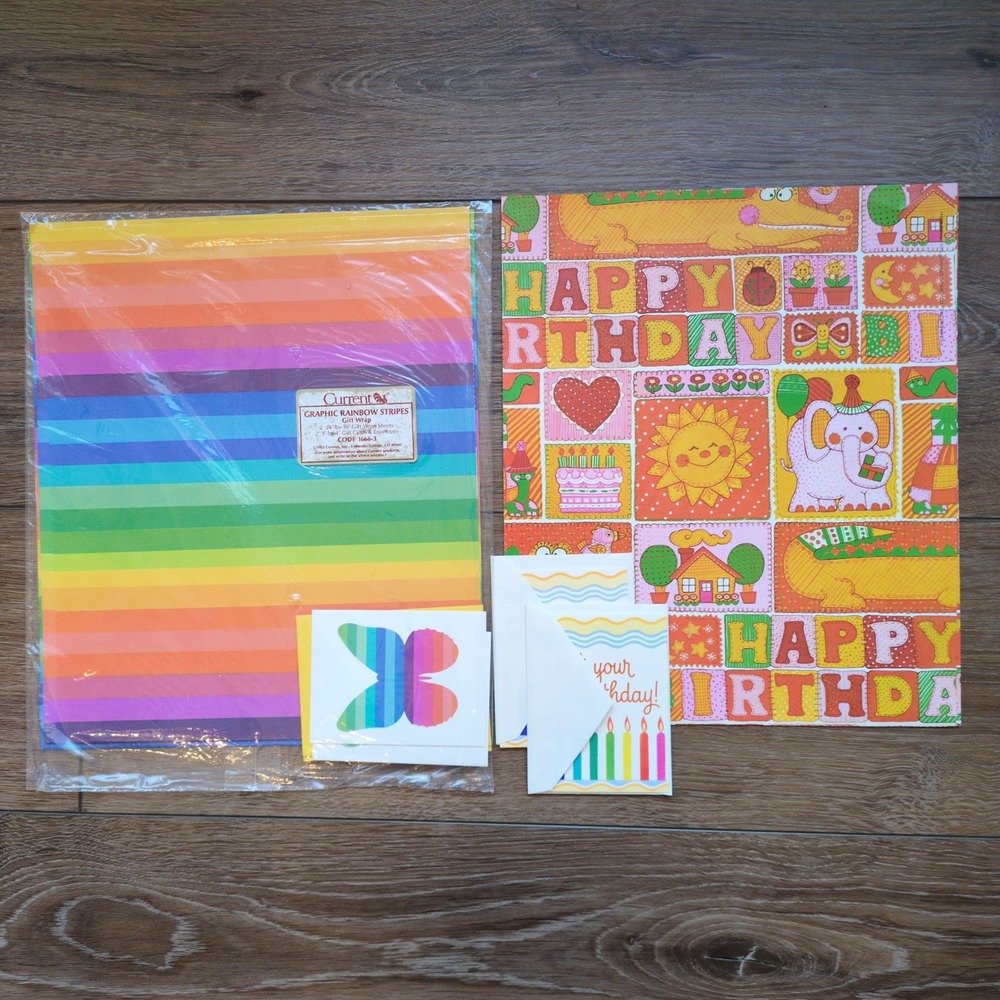 Vtg 80s Current Gift Wrapping Paper - Rainbow Stripes, Happy Birthday, Elephants